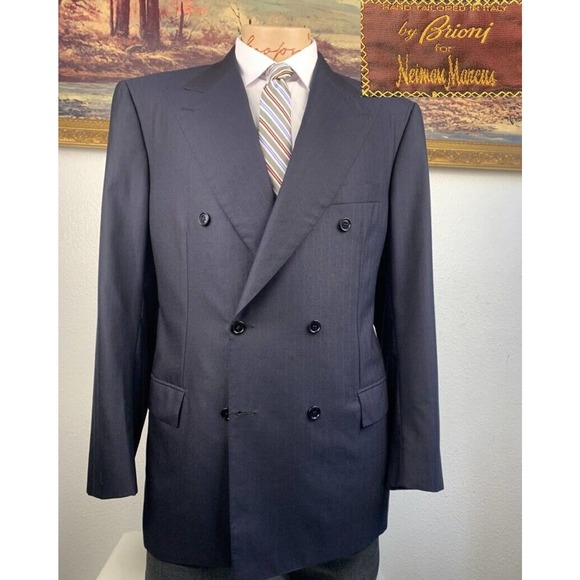 44R Brioni Aurelio Navy Striped Double Breasted Sport Coat - Picture 1 of 15